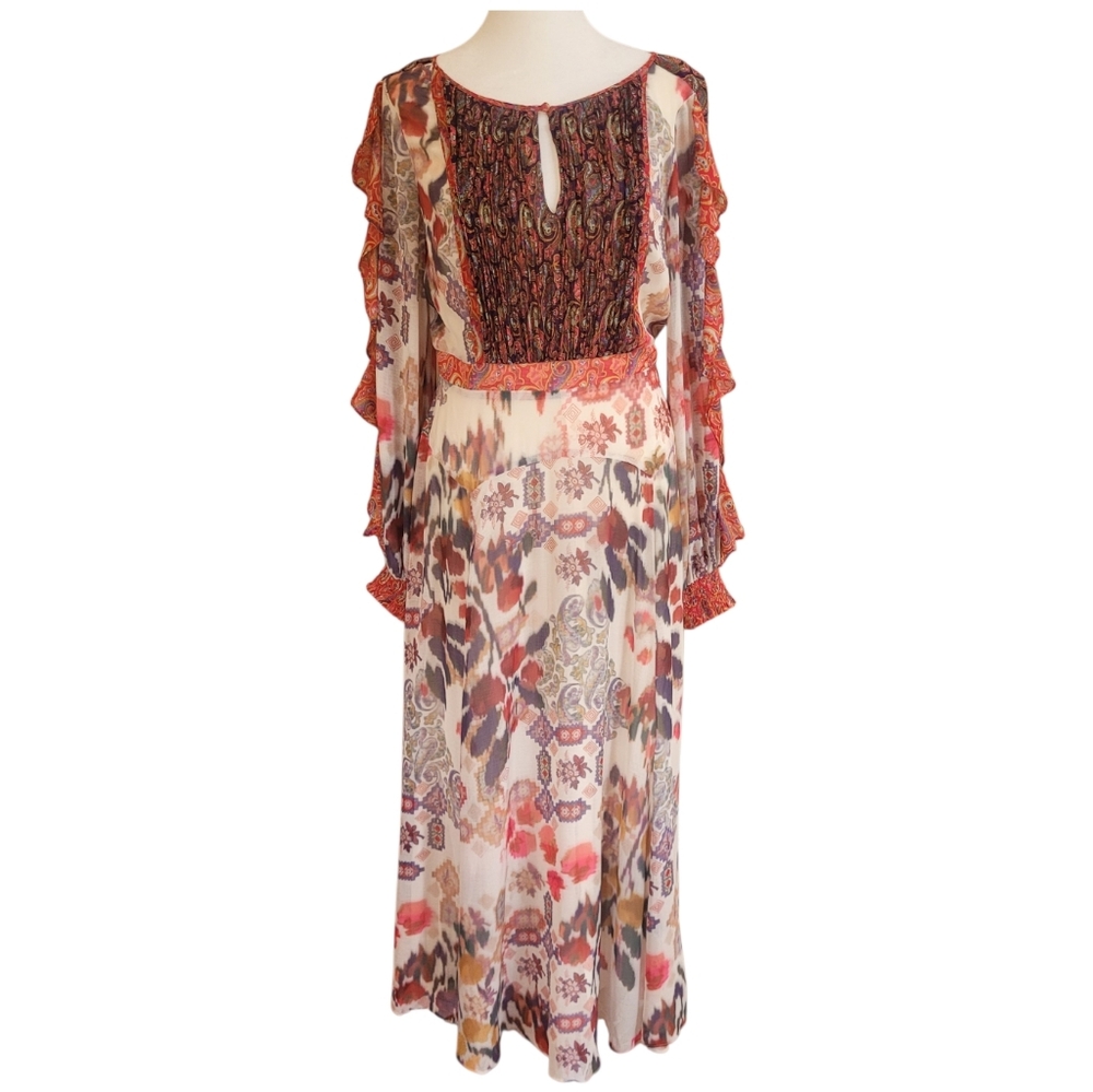 NWT* Anthropologie Multicolor Collage Ruffle Cascade Sleeve Midi Dress Sz 8